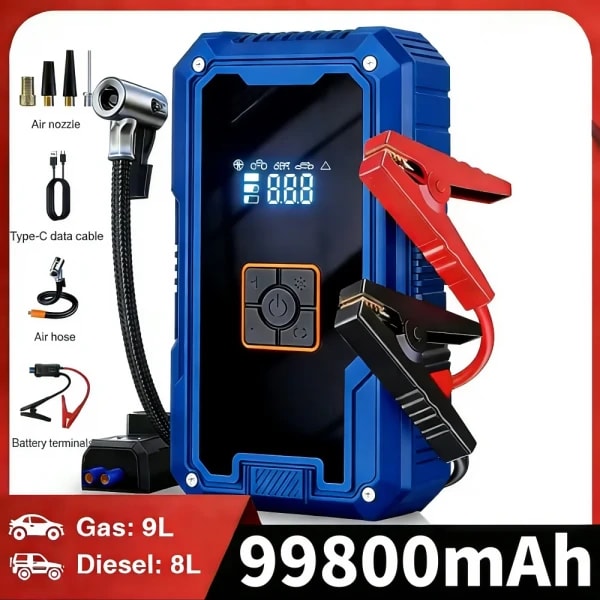 Arrancador de Coches de 3000A y 12V con Compresor de Aire de 150PSI, Banco de Energía de 99800mAh, Arrancador de Batería Portátil con Luz LED