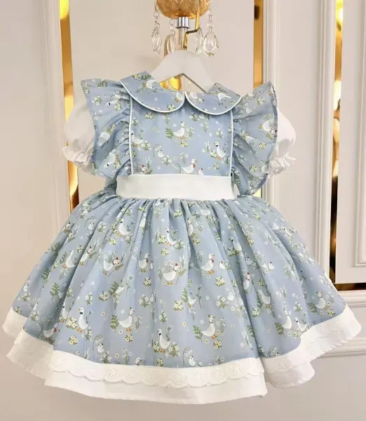 Vestido de fiesta de princesa Vintage con estampado de patos azul grisáceo de verano para niña de 0 a 12 años para fiesta de cumpleaños Eid fotografía habitual B217