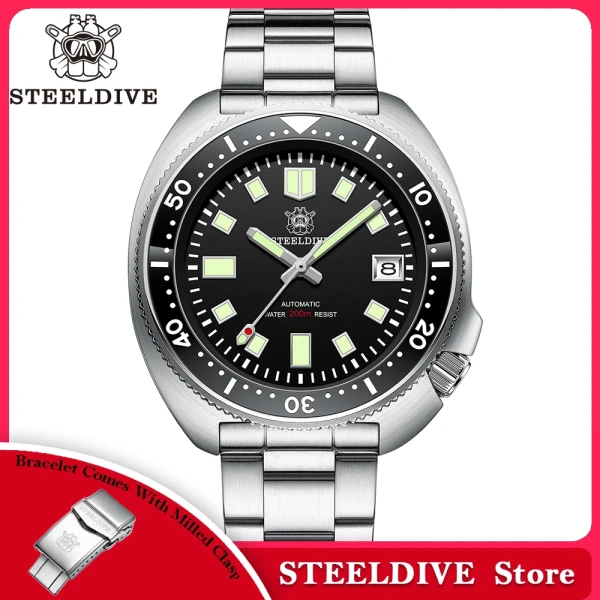 Steeldive SD1970 Fondo de fecha blanca 200M Revestimiento AR a prueba de agua Cristal de zafiro NH35 6105 Reloj de buceo automático Turtle