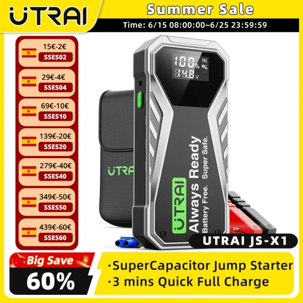 UTRAI Jstar X1 Super condensador 500F arrancador de batería de emergencia portátil, dispositivo de arranque de refuerzo automático, carga rápida de 3 minutos
