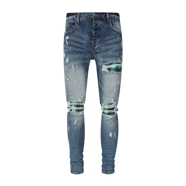 Boutique de moda urbana, pantalones vaqueros retro azules rasgados con parches, pantalones vaqueros ajustados elásticos, pantalones de alta calidad de marca hip-hop de diseñador para hombre