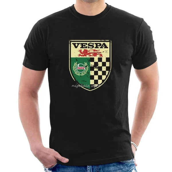 Moda VESPA CASTROL signo calidad impresa camiseta desgastada clásica Retro aceite M03 dibujos animados Hip Hop Unisex 100% camisetas de algodón