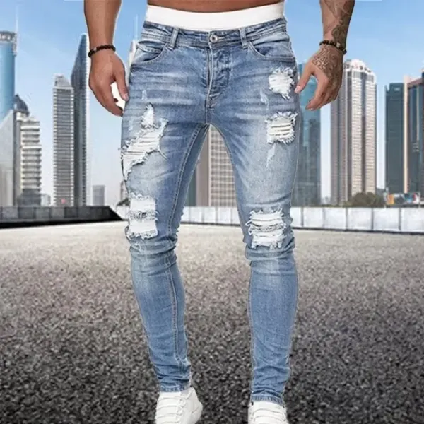 2024 nuevo Retro rasgado lápiz pie pequeño pantalones vaqueros ajustados para hombres ropa de calle de motocicleta estiramiento recto Casual pantalones vaqueros delgados masculino