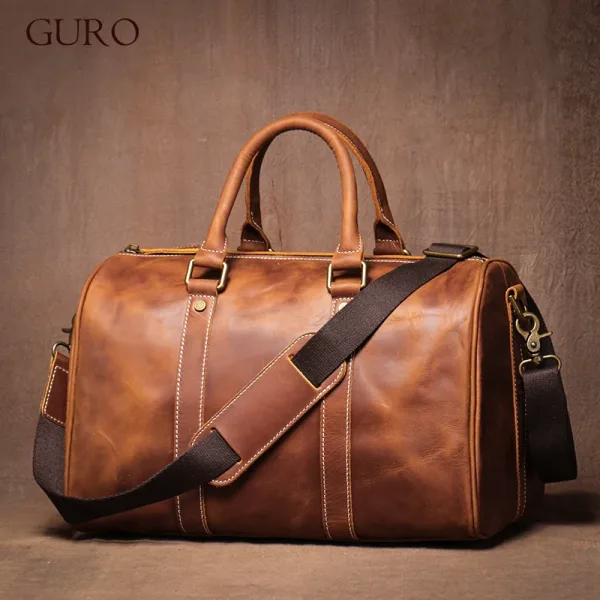 GURO-bolsos de viaje Retro de cuero de vaca para hombre y mujer, bolso de mano de cuero genuino, bolsa de Fitness de fin de semana de lujo, equipaje de viaje corto