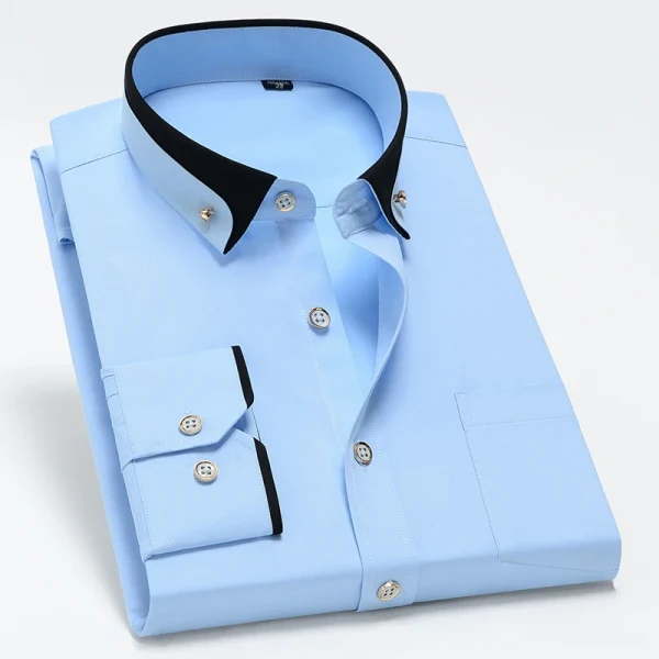 Gran oferta de camisas de vestir de negocios para hombre, Camisa Social de manga larga con cuello de contraste y botón antiarrugas de diamante, negro y azul