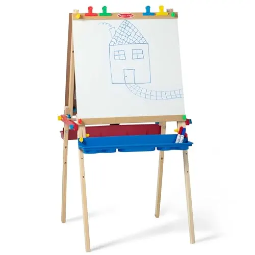 Melissa & Doug Caballete de Madera de Arte, Caballete de pintura para manualidades, Caballete y pizarra todo en 1, Rollo de Papel, Pizarra blanca, Pizarra de tiza, 3 + años, Regalo para niños o niñas
