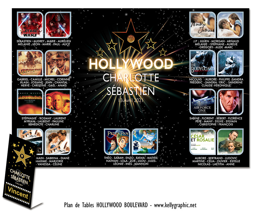 Plan de table mariage Hollywood Boulevard thème cinéma élégant Oscars films