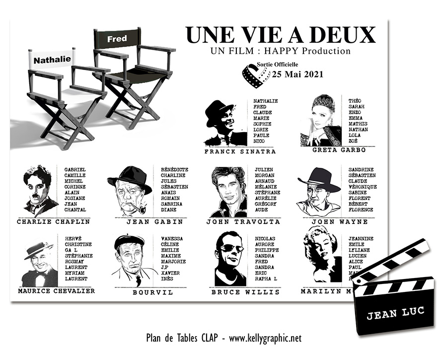 Plan de table mariage clap cinéma vintage acteurs anciens films