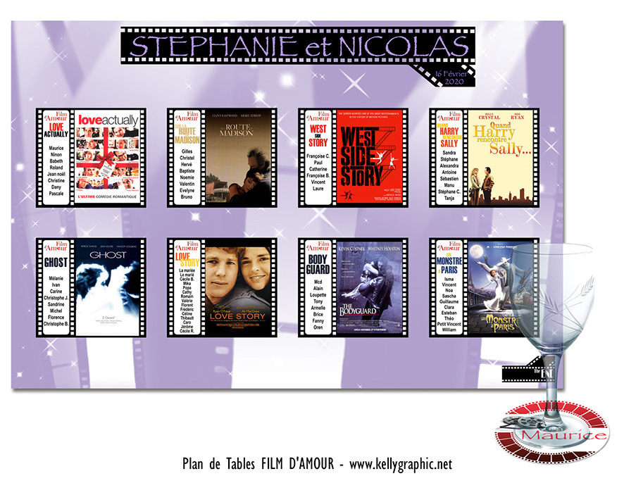 Plan de table mariage films d’amour décoration cinéma romantique