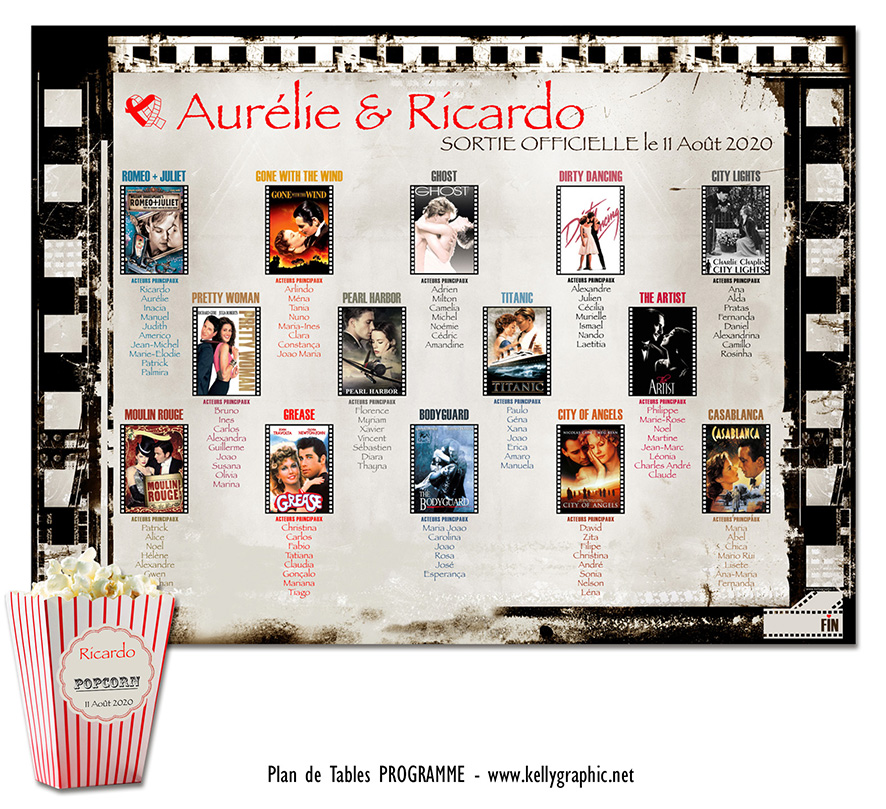 Plan de table mariage affiches films popcorn cinéma décoration