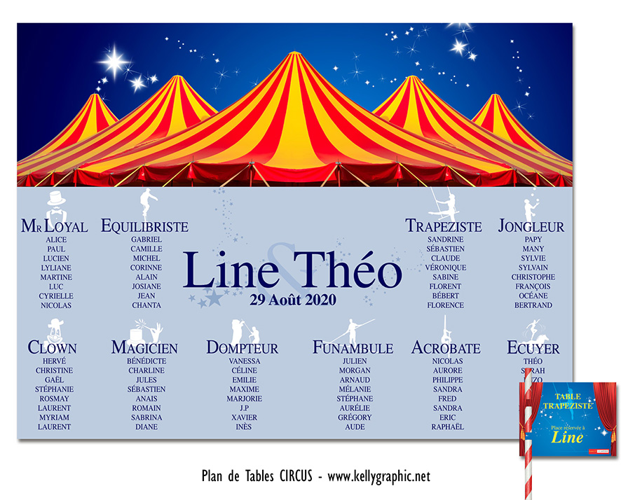 Plan de table mariage thème cirque avec chapiteau graphique