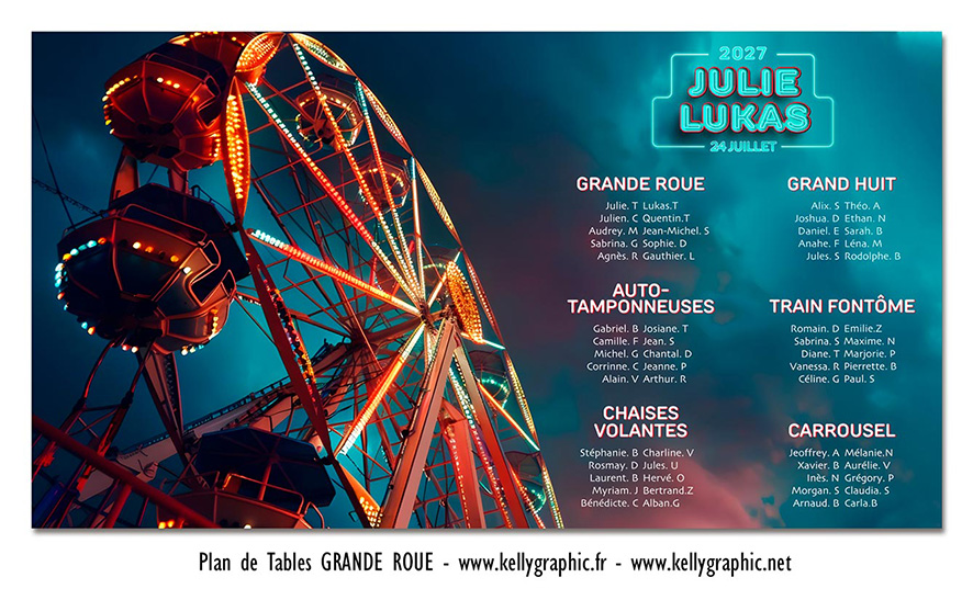 Plan de table mariage grande roue nuit décoration romantique Fête foraine