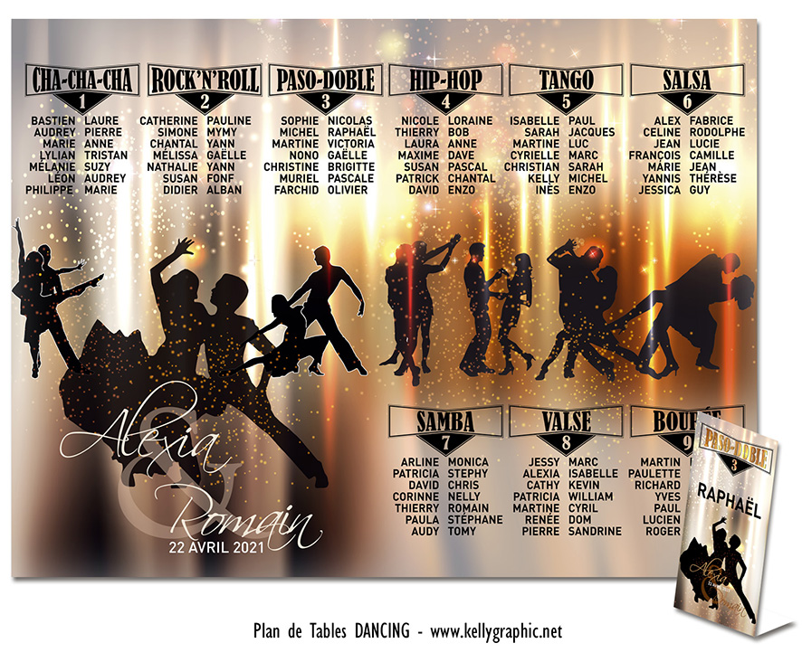 Plan de table mariage dancing silhouettes danseurs noir blanc danse de salon