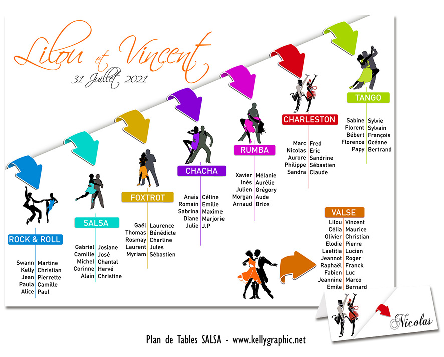 Plan de table mariage salsa danse latine silhouettes ambiance festive