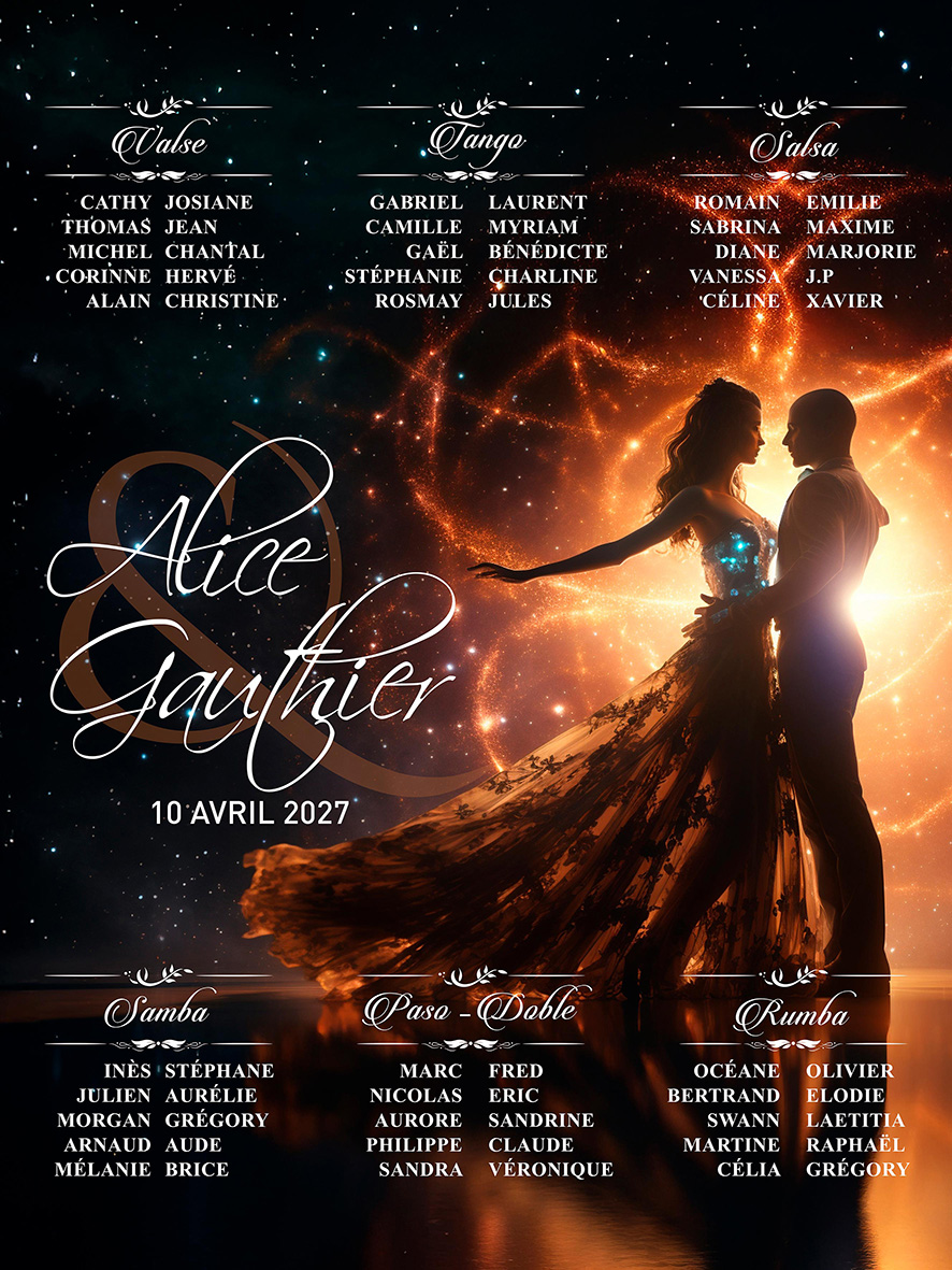 Plan de table mariage Valse romantique danse de salon lumières célestes