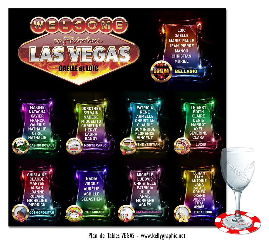Plan de table mariage Vegas noir coloré casinos décoration festive