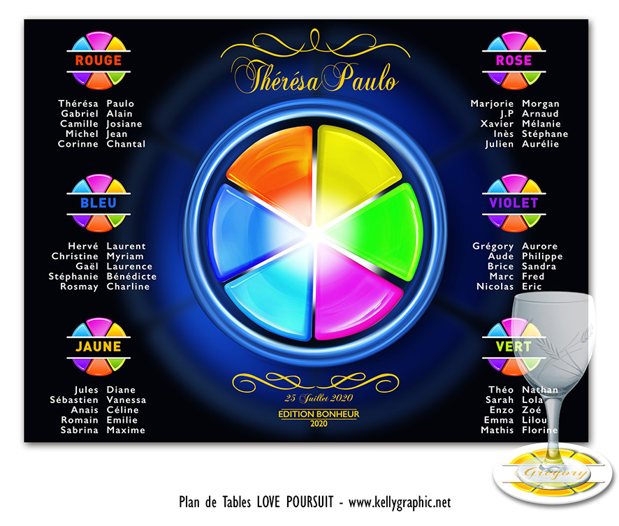 Plan de table mariage Trivial Pursuit fluo neon jeu