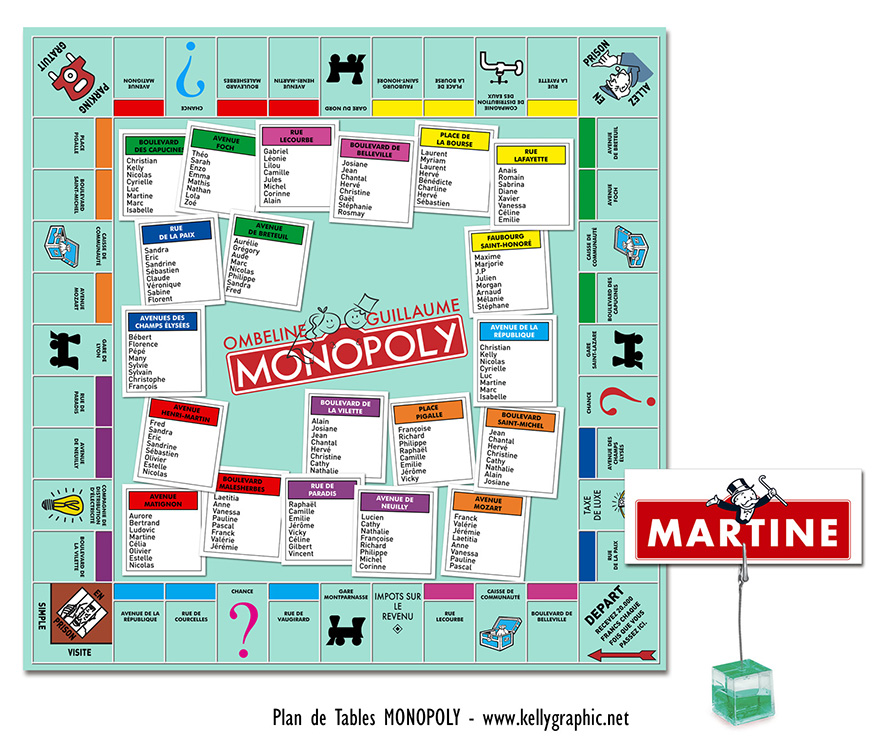 Plan de table mariage Monopoly plateau jeu stratégie décoration mariage