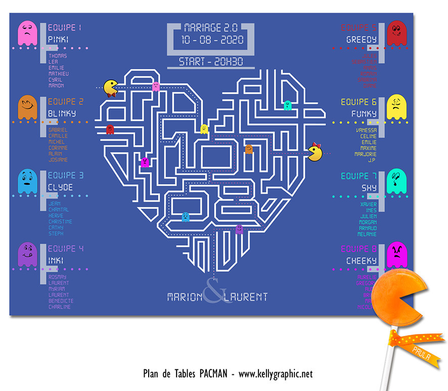 plan de table mariage PacMan décoration geek et interactive, mariage thème jeux vidéo