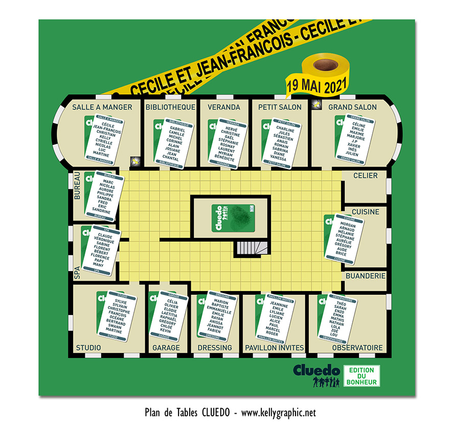 Plan de table mariage Cluedo enquête jeu mystère murder crime
