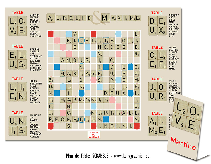 Plan de table mariage Scrabble lettres mots décoration mariage originale