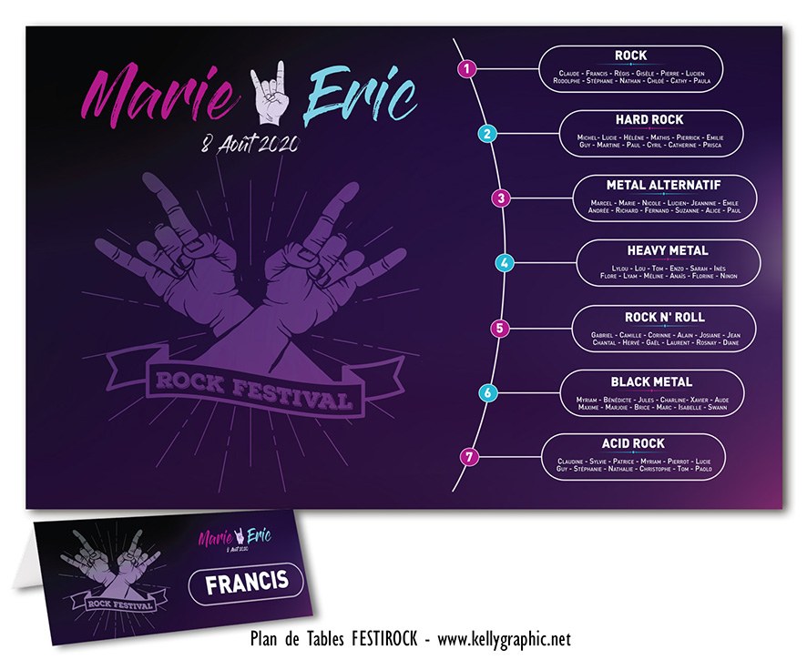 Plan de Table Mariage, musique, concert, festi rock