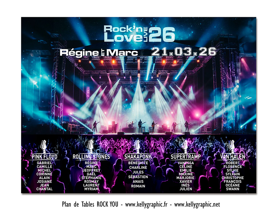 Plan de table Mariage Concert Rock Festival musique