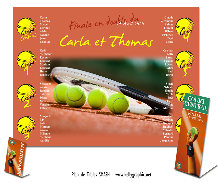 Plan de table mariage Tennis Smash raquette balle terre battue