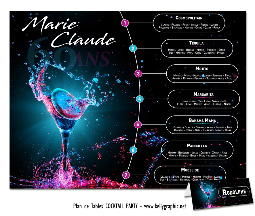 Plan de table mariage cocktail party graphique fond noir couleurs néon style bar moderne