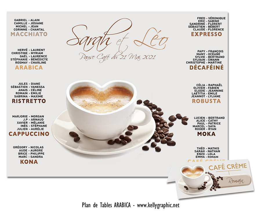 Plan de table mariage thème café arabica tasse en forme de cœur noms de tables ristretto macchiato