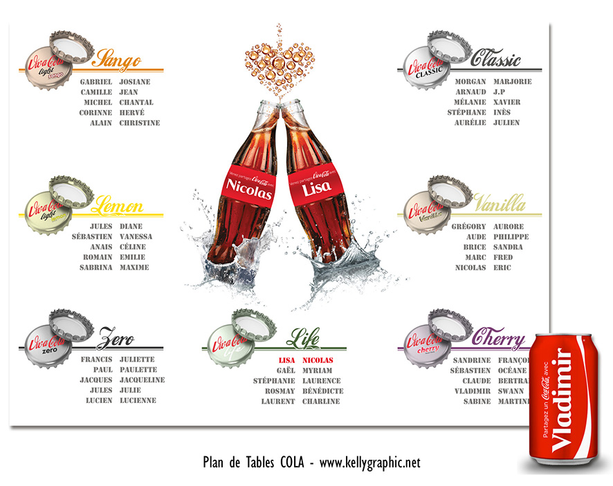 Plan de table mariage thème cola bouteille partagée pétillant festif graphique rétro