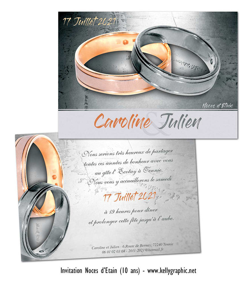 Faire-part noces d'étain 10 ans de mariage — invitation anniversaire sur-mesure