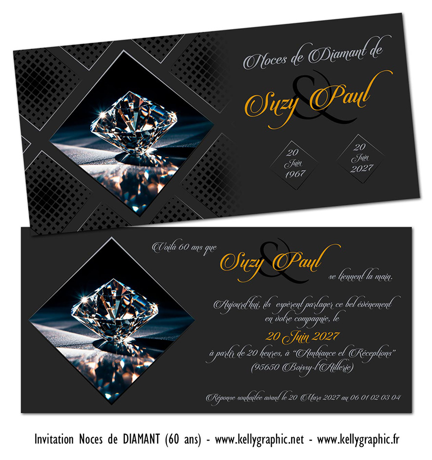 Faire-part noces de diamant 60 ans de mariage — invitation anniversaire rare et précieuse