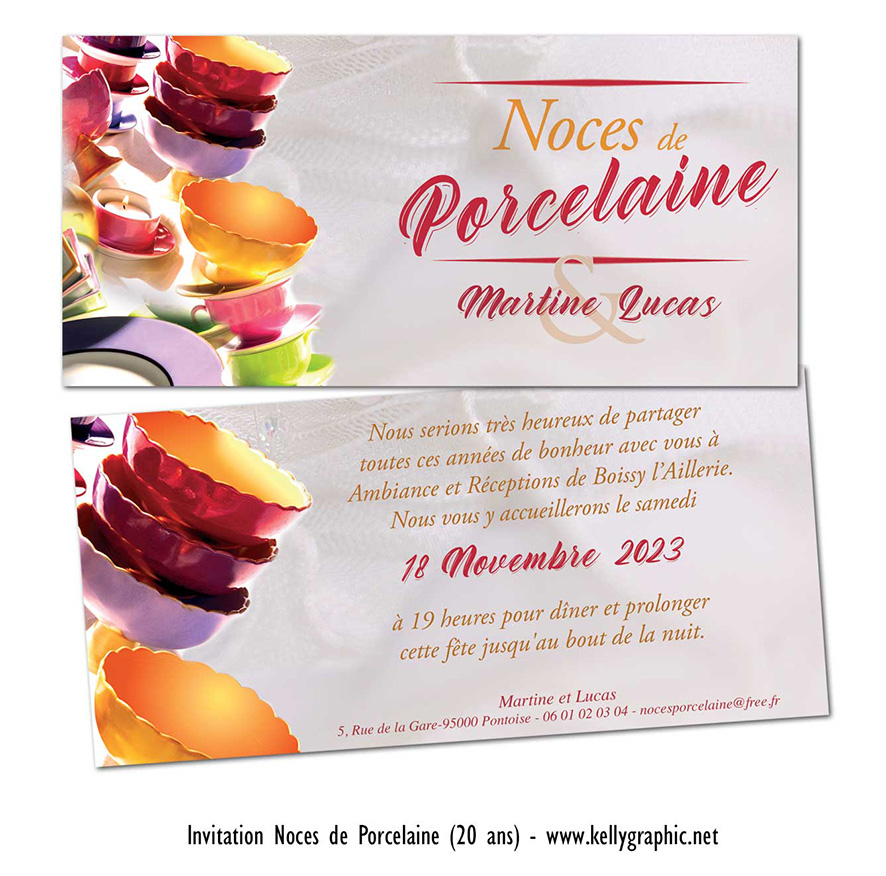 Faire-part noces de porcelaine 20 ans de mariage — création personnalisée raffinée