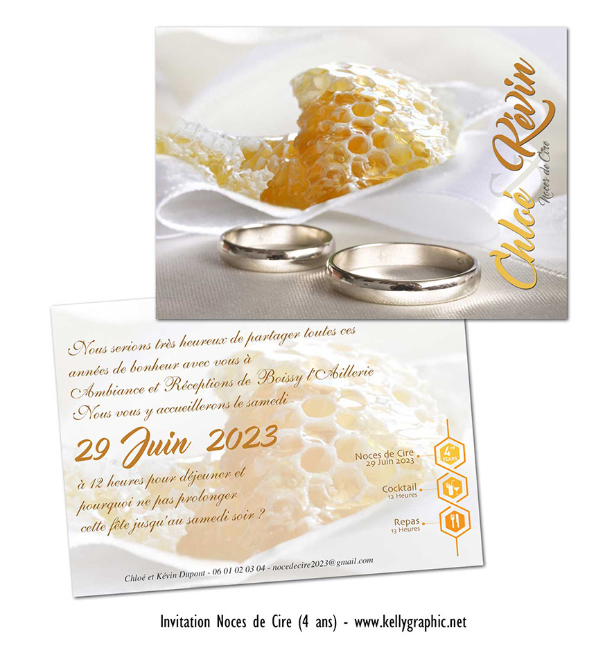 Invitation noces de cire 4 ans de mariage — faire-part personnalisé sur-mesure