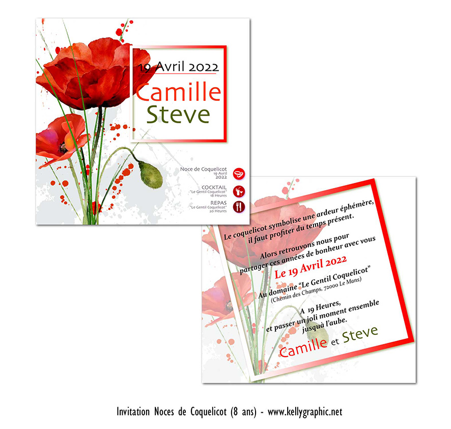 Invitation noces de coquelicot 8 ans de mariage — faire-part floral personnalisé