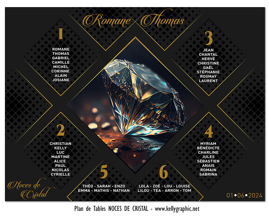 Plan de table noces de cristal 15 ans — papeterie mariage personnalisée élégante
