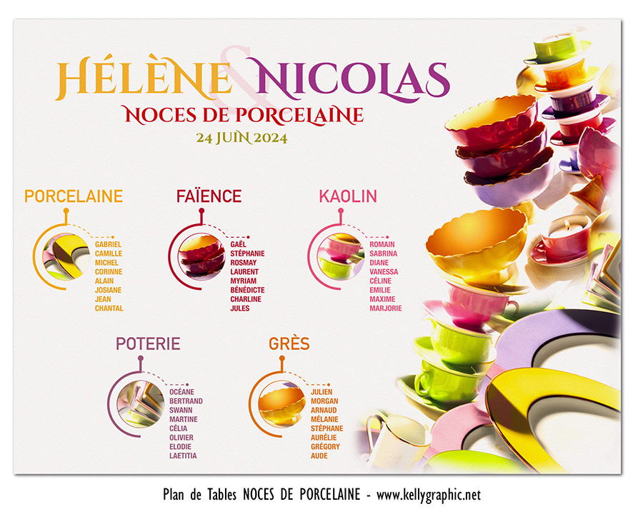 Plan de table anniversaire 20 ans noces de porcelaine — décoration réception mariage