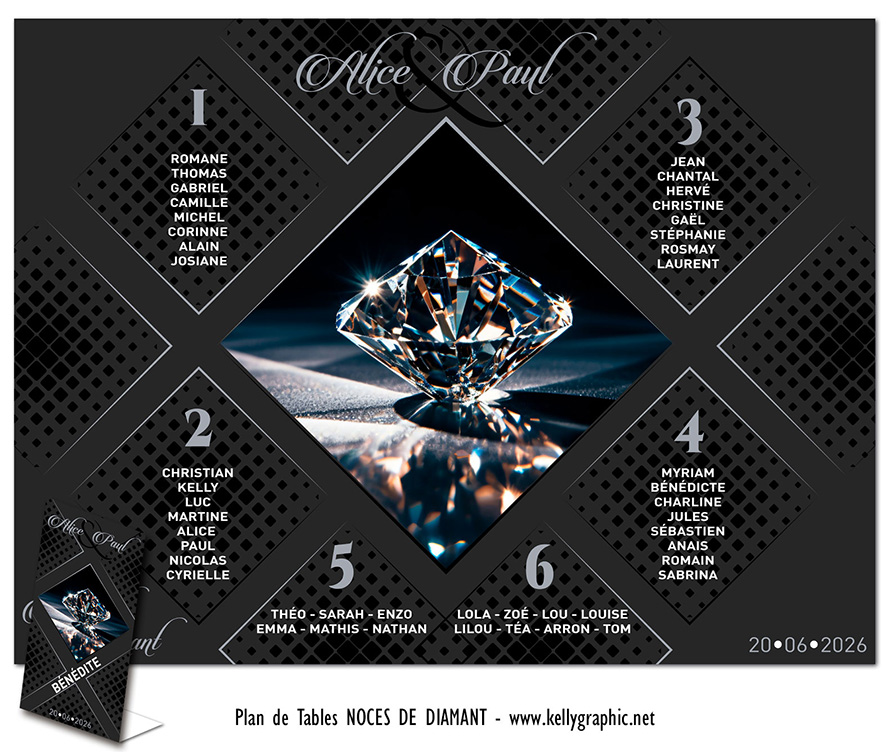 Plan de table anniversaire mariage 60 ans noces de diamant — création KellyGraphic