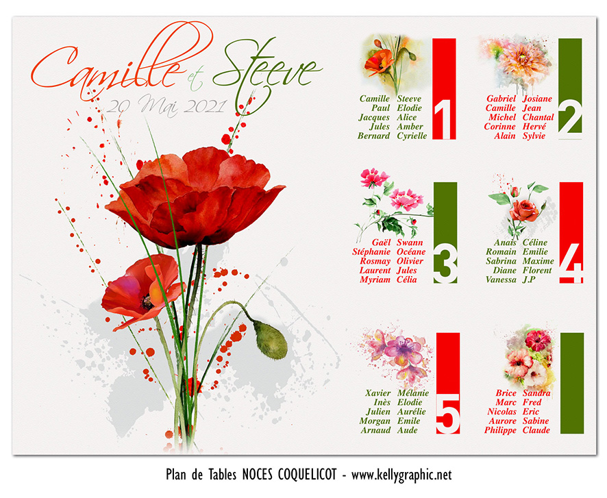 Plan de table noces de coquelicot 8 ans — papeterie anniversaire mariage