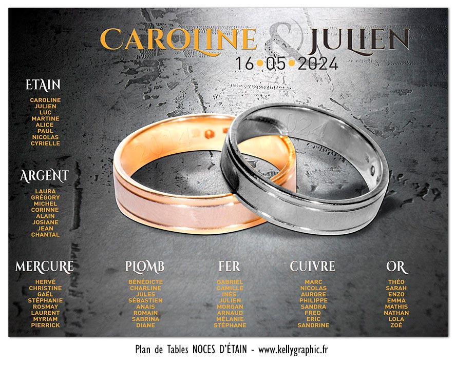 Plan de table 10 ans de mariage noces d'étain — décoration réception personnalisée