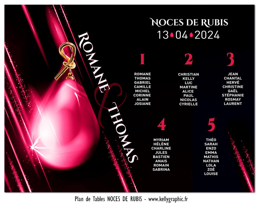 Plan de table noces de rubis 35 ans — décoration réception anniversaire mariage