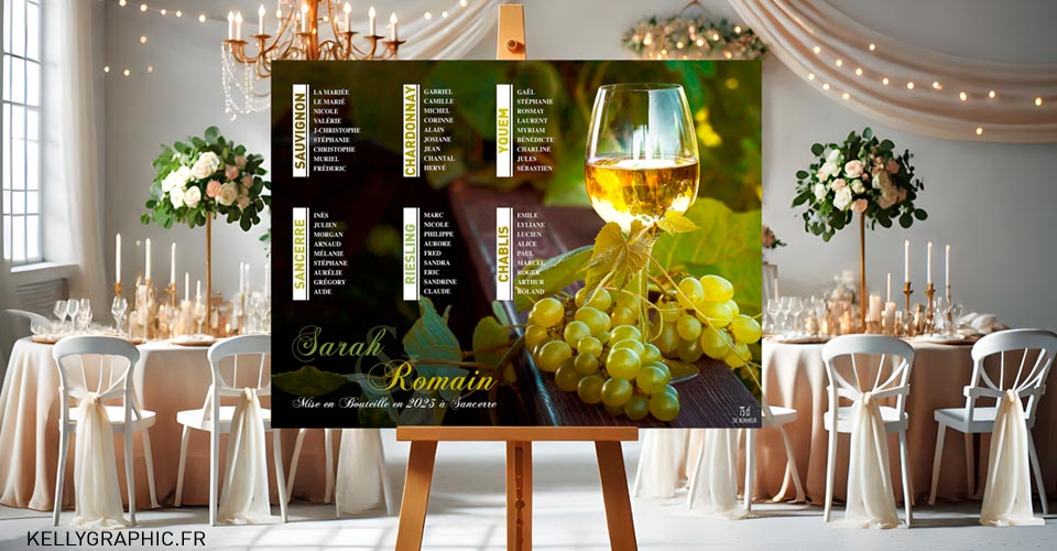 Plan de table mariage gourmand vin et Champagne
