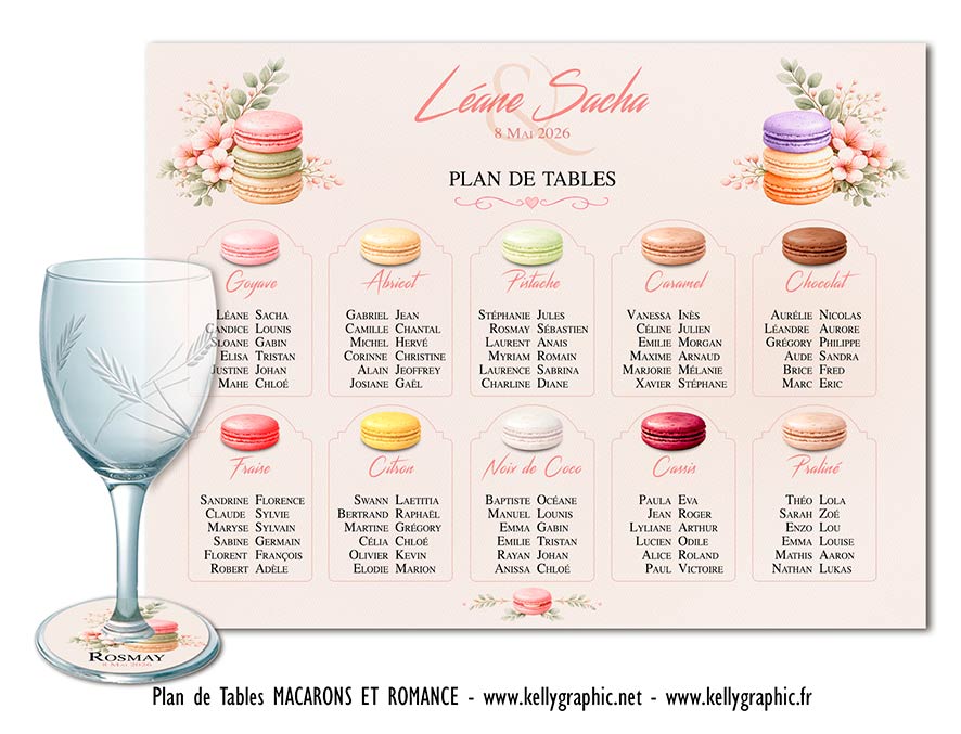 Plan de table mariage romantique Macarons & Romance sur fond rose poudré avec macarons pastel et fleurs élégantes dessinées Plan de table mariage romantique Macarons & Romance sur fond rose poudré avec macarons pastel et fleurs élégantes dessinées