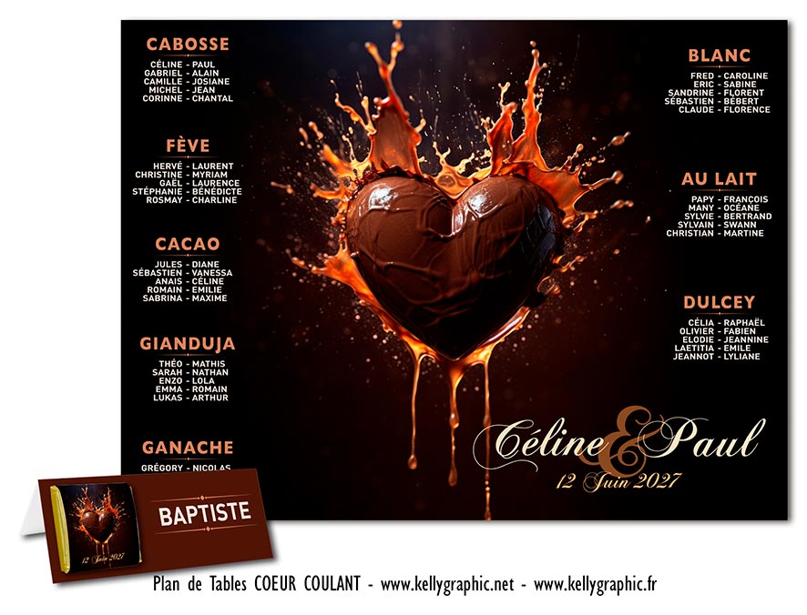 plan de table mariage coeur coulant chocolat lait noir fondant gourmand romantique original réception