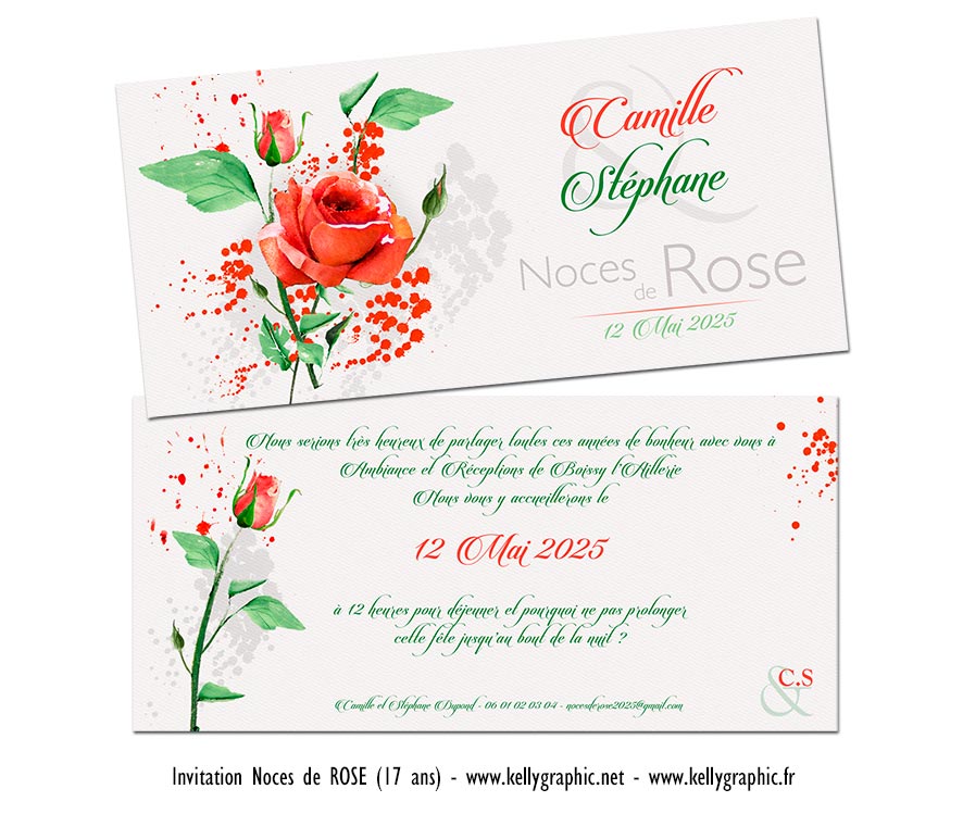 faire part noces de rose 17 ans anniversaire mariage romantique