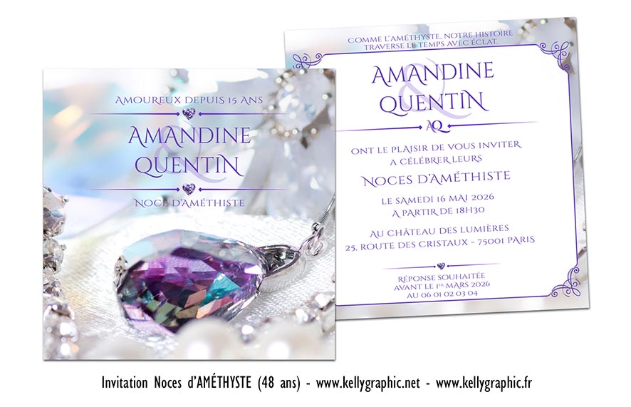 faire part noces amethyste 48 ans anniversaire mariage personnalisé