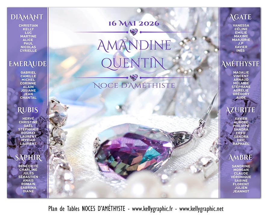 plan de table noces amethyste 48 ans anniversaire mariage personnalisé