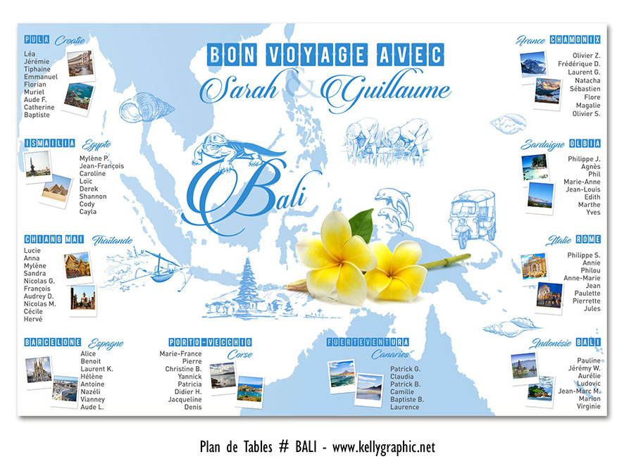 plan de table mariage Bali île des dieux tropical exotique temple rizières orchidée personnalisé original