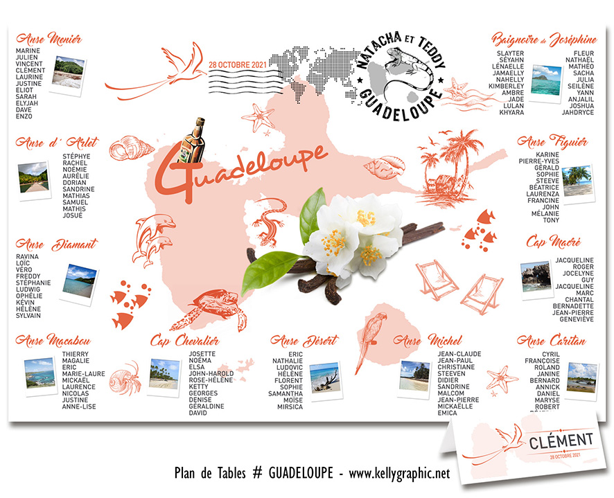 plan de table mariage Guadeloupe papillon Antilles tropical hibiscus chute Carbet lagon personnalisé